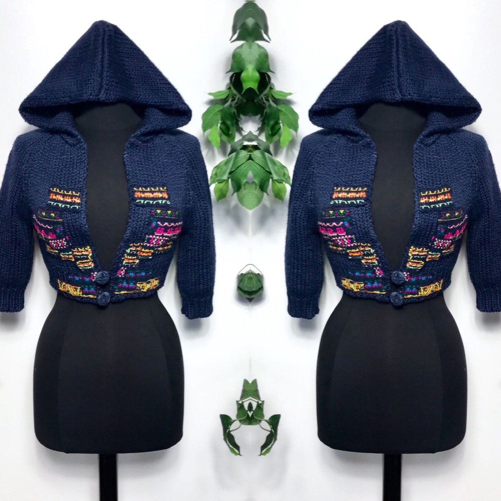 Free People Blue Cropped Knit Hooded Sweater - S